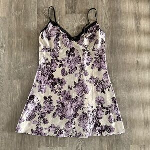 Floral Lace Trim Satin Chemise Slip - Purple/White